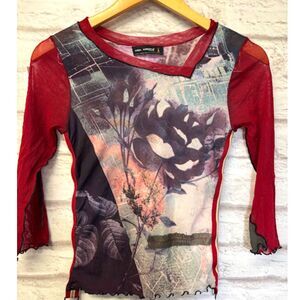 cop. copine mesh sheer top blouse shirt xs/s red floral y2k vtg whimsygoth roses